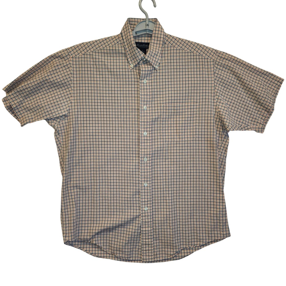 Brooks Brothers Mens Med Orange Blue Check Short Sleeve Button Down Shirt Cotton